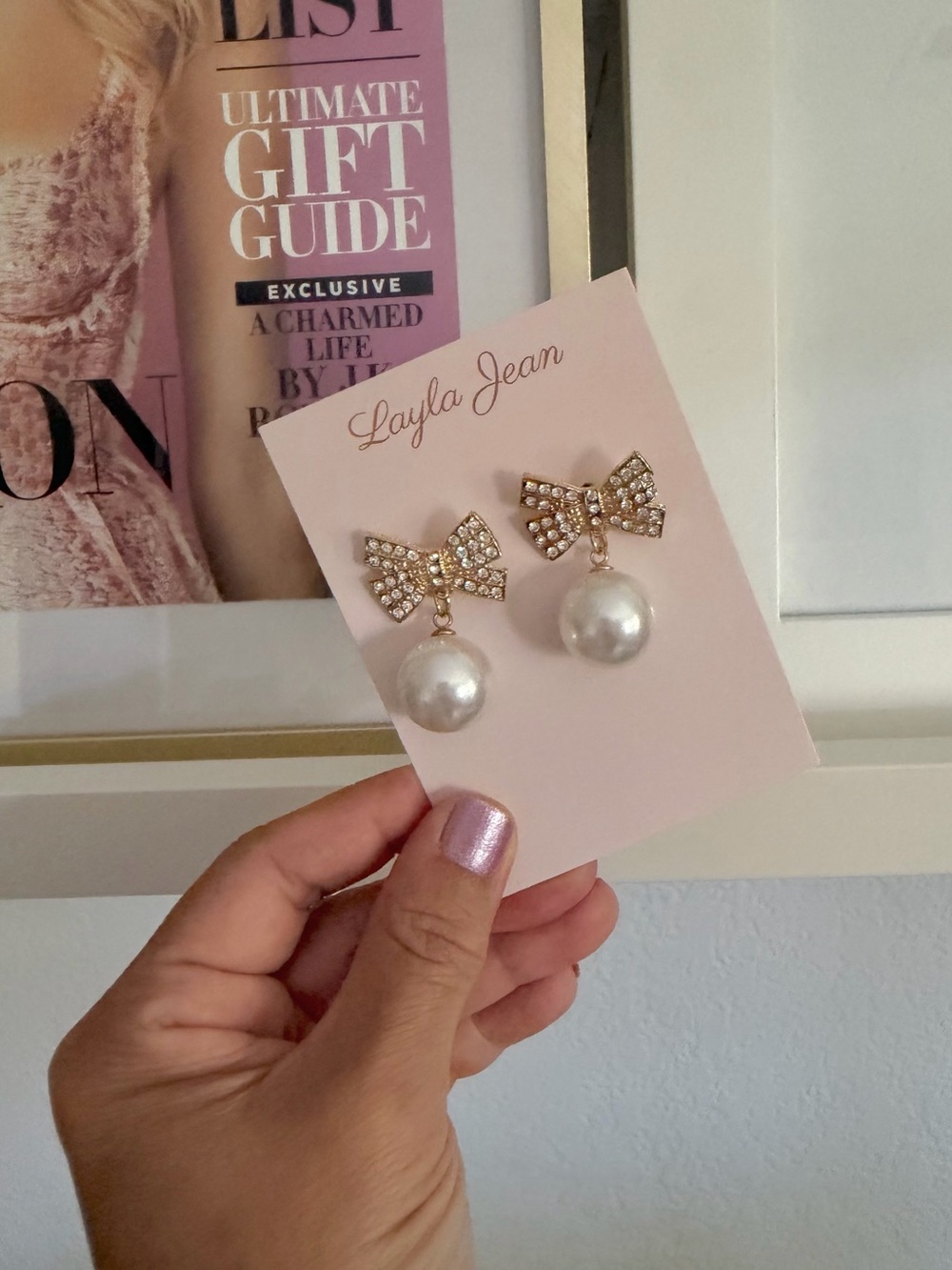 Layla Jean Pearl Drop Bow Earrings - Gold & White